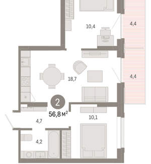 2-к квартира, вторичка, 57м2, 8/9 этаж