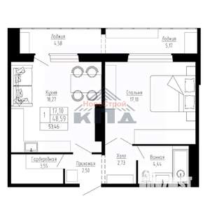 1-к квартира, вторичка, 53м2, 8/16 этаж