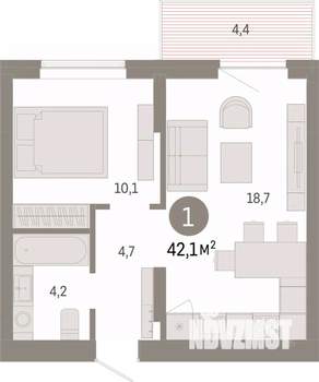 1-к квартира, вторичка, 42м2, 3/7 этаж