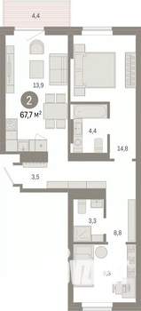 2-к квартира, вторичка, 68м2, 3/9 этаж