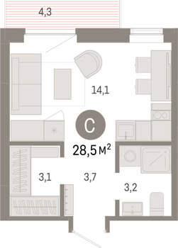 Студия квартира, вторичка, 28м2, 7/9 этаж
