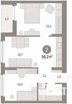 2-к квартира, вторичка, 56м2, 5/16 этаж
