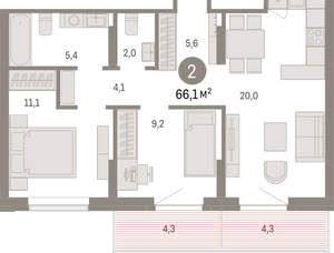 2-к квартира, вторичка, 66м2, 5/9 этаж