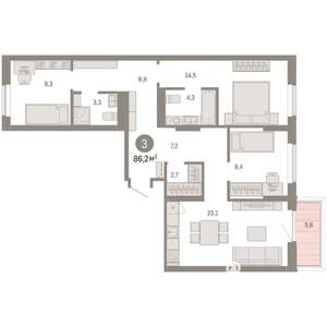 3-к квартира, вторичка, 86м2, 3/9 этаж