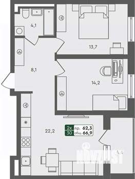 2-к квартира, вторичка, 67м2, 1/4 этаж