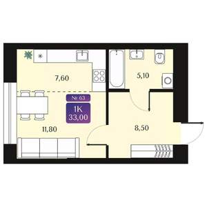 Студия квартира, вторичка, 33м2, 3/9 этаж