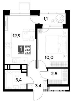 1-к квартира, строящийся дом, 33м2, 11/21 этаж