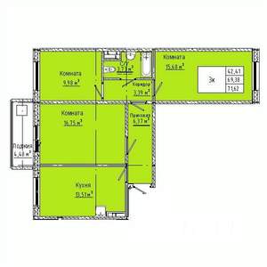 3-к квартира, строящийся дом, 72м2, 10/10 этаж