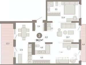 3-к квартира, вторичка, 98м2, 9/9 этаж