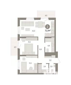 2-к квартира, вторичка, 71м2, 6/14 этаж