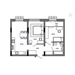 2-к квартира, строящийся дом, 58м2, 7/8 этаж