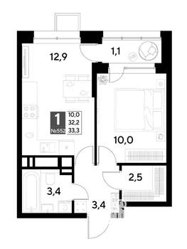 1-к квартира, строящийся дом, 33м2, 14/21 этаж
