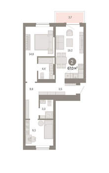 2-к квартира, вторичка, 67м2, 6/9 этаж