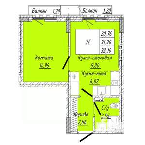 1-к квартира, строящийся дом, 32м2, 3/8 этаж