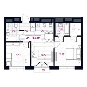 2-к квартира, строящийся дом, 63м2, 12/15 этаж