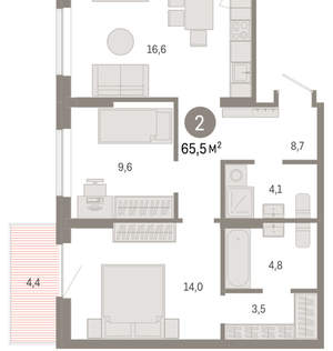 2-к квартира, вторичка, 65м2, 3/9 этаж