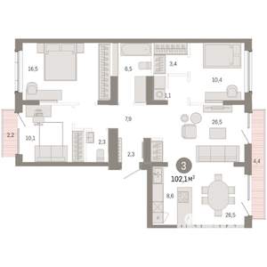 3-к квартира, вторичка, 102м2, 9/9 этаж