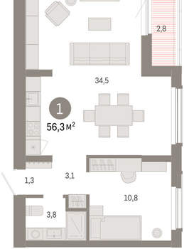1-к квартира, вторичка, 56м2, 2/16 этаж