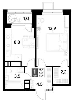 1-к квартира, строящийся дом, 34м2, 3/21 этаж