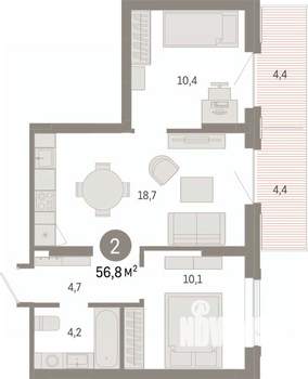 2-к квартира, вторичка, 57м2, 8/9 этаж