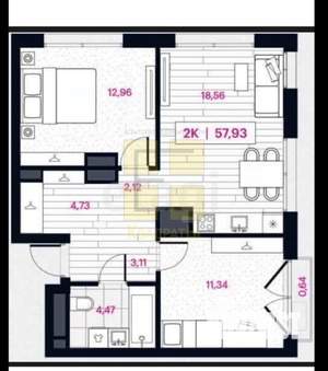 2-к квартира, вторичка, 58м2, 7/15 этаж