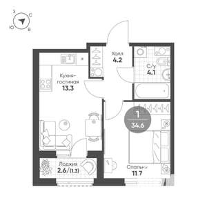 1-к квартира, вторичка, 35м2, 4/12 этаж