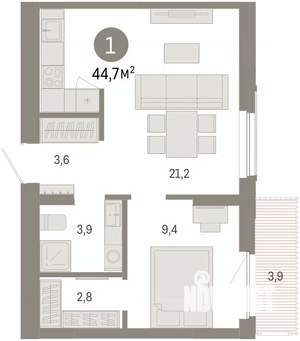 1-к квартира, вторичка, 45м2, 4/16 этаж