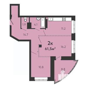 2-к квартира, строящийся дом, 59м2, 1/16 этаж