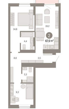 2-к квартира, вторичка, 67м2, 2/9 этаж