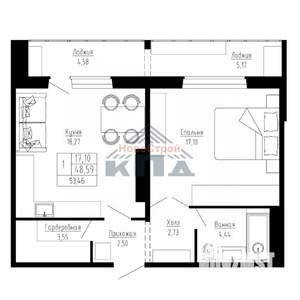 1-к квартира, вторичка, 53м2, 13/16 этаж