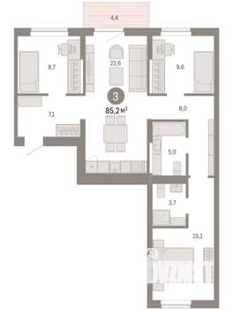 3-к квартира, вторичка, 85м2, 4/9 этаж