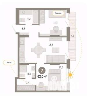 2-к квартира, вторичка, 62м2, 6/9 этаж