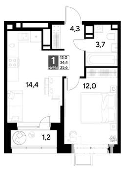 1-к квартира, строящийся дом, 36м2, 16/21 этаж