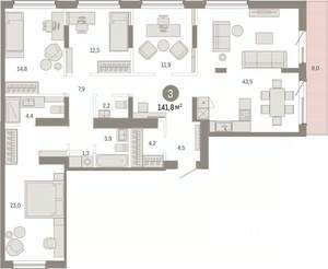 3-к квартира, вторичка, 142м2, 8/17 этаж
