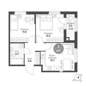 2-к квартира, вторичка, 50м2, 2/11 этаж