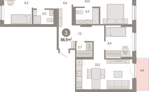 3-к квартира, вторичка, 87м2, 7/9 этаж