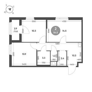 2-к квартира, вторичка, 55м2, 6/7 этаж