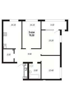 3-к квартира, строящийся дом, 77м2, 13/14 этаж