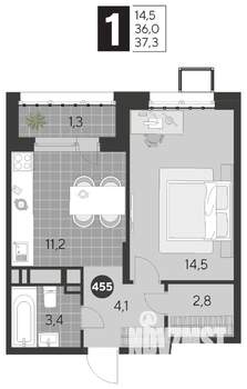 1-к квартира, строящийся дом, 37м2, 11/21 этаж