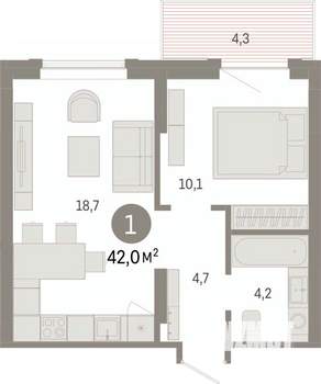 1-к квартира, вторичка, 42м2, 8/9 этаж