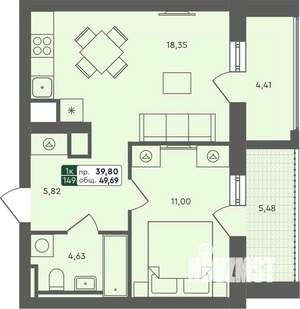 1-к квартира, строящийся дом, 50м2, 5/7 этаж