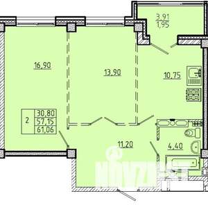 2-к квартира, вторичка, 61м2, 9/16 этаж