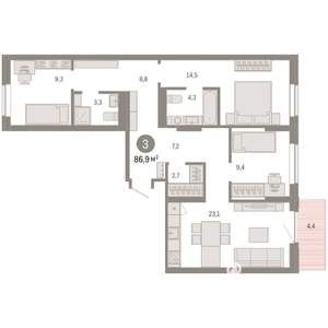 3-к квартира, вторичка, 87м2, 7/9 этаж