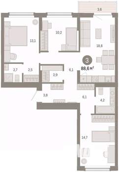 3-к квартира, вторичка, 89м2, 3/8 этаж