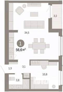 1-к квартира, вторичка, 57м2, 4/16 этаж