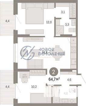 2-к квартира, вторичка, 65м2, 4/8 этаж