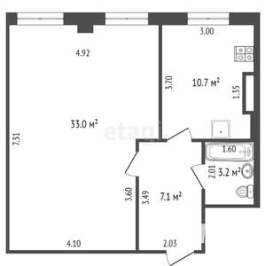 1-к квартира, вторичка, 54м2, 3/3 этаж