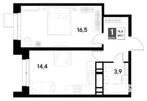 1-к квартира, строящийся дом, 40м2, 18/21 этаж