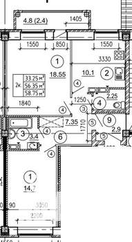 2-к квартира, строящийся дом, 59м2, 2/8 этаж