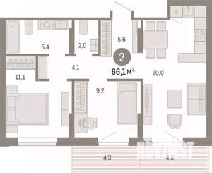 2-к квартира, вторичка, 66м2, 7/9 этаж
